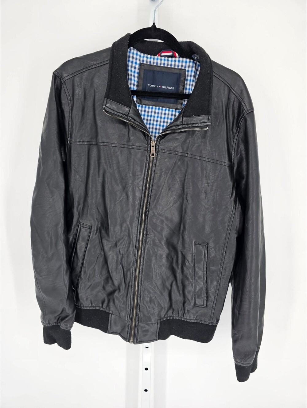 Tommy Hilfiger Mens Sz L Zip Up Black Faux Leather Bomber Jacket
